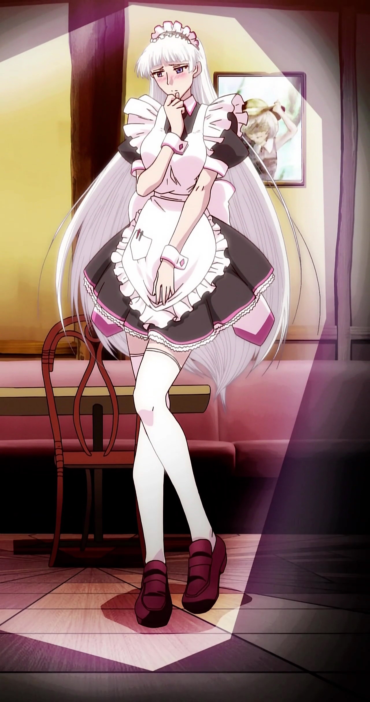 kaja bergmann, natsu no arashi!, absurdres, anime screenshot, highres, stitched, third-party edit, 00s, 1girl, apron, blue eyes, blush, female focus, frills, full body, indoors, long hair, maid, maid apron, maid headdress, pen, ribbon, solo, thighhighs, white hair, wrist cuffs, zettai ryouiki