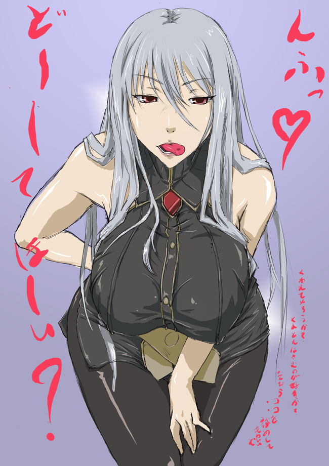 kyabakurabakufu, selvaria bles, sega, senjou no valkyria, senjou no valkyria (series), senjou no valkyria 1, hand on leg, hand on thigh, translation request, 00s, 1girl, bare shoulders, breasts, female focus, grey hair, hand on own hip, hand on own leg, hand on own thigh, huge breasts, leaning forward, looking at viewer, naughty face, pantyhose, solo, tongue, tongue out