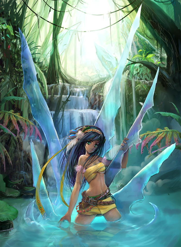 abokadon, original, 1girl, bandeau, bare shoulders, black hair, crystal, dark-skinned female, dark skin, female focus, green eyes, jungle, long hair, midriff, miniskirt, nature, skirt, solo, strapless, submerged, tube top, wading, water, waterfall