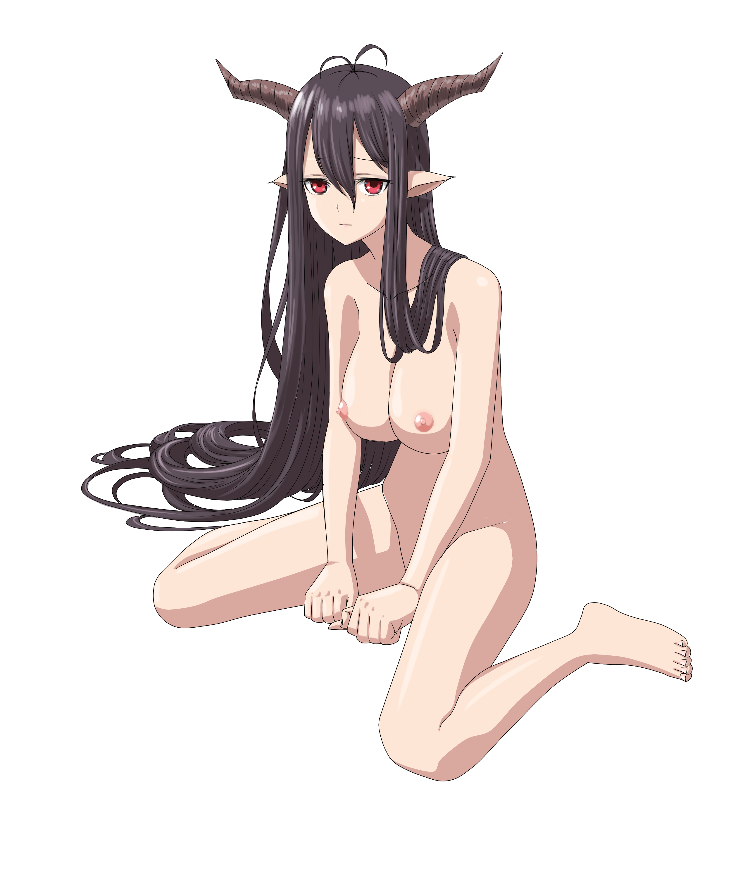 pmh, absurdres, highres, 1girl, black hair, breasts, horns, large breasts, long hair, nude, pointy ears, red eyes