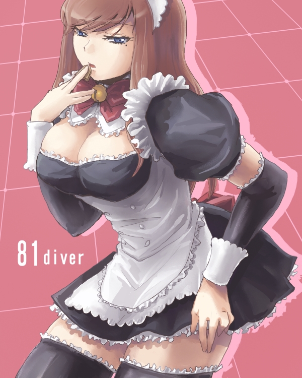 sa-kuma, ukeshi, 81diver, 1girl, apron, blue eyes, bow, bowtie, breasts, brown hair, cleavage, detached sleeves, female focus, lingerie, long hair, maid, maid apron, maid headdress, mole, mole under eye, petticoat, solo, thighhighs, underwear, zettai ryouiki