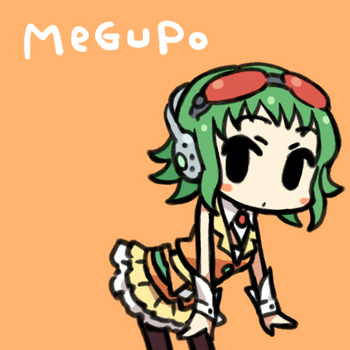 chan co, gumi, vocaloid, 1girl, chibi, cowboy shot, female focus, goggles, green hair, headset, pantyhose, solo, wing collar, wrist cuffs