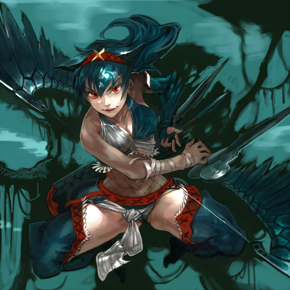 touge (kubiwa tsuki), capcom, monster hunter (series), bad id, bad pixiv id, 1girl, blue hair, bow (weapon), female focus, nargacuga (armor), red eyes, solo, thighhighs, weapon