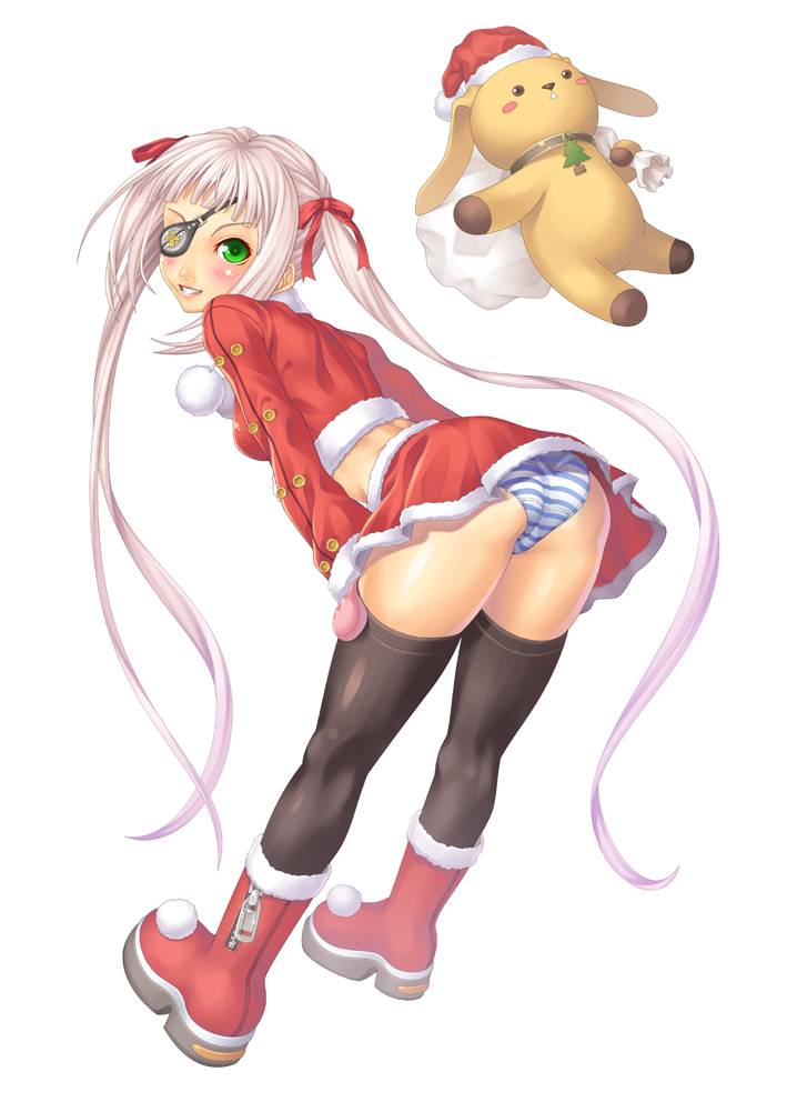aka (shoumae), original, bad id, bad pixiv id, ass, bent over, boots, eyepatch, green eyes, legs, lips, long hair, panties, santa costume, skirt, solo, striped clothes, striped panties, stuffed animal, stuffed toy, thighhighs, twintails, underwear, very long hair