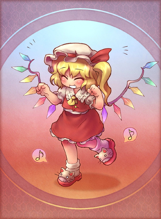 sankuma, flandre scarlet, touhou, 1girl, blonde hair, blouse, cat, closed eyes, female focus, full body, gradient background, hat, mob cap, musical note, shirt, socks, solo, standing, white hat, white shirt, white socks, wings