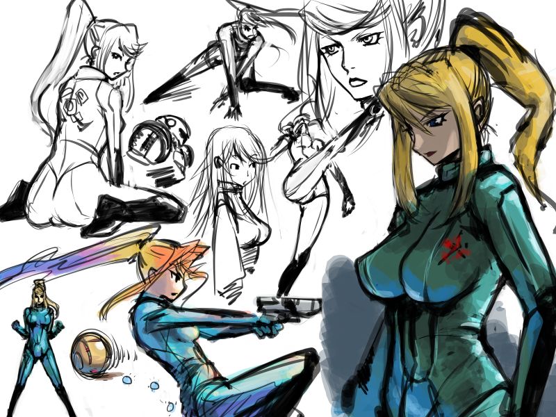 samus aran, metroid, metroid: zero mission, nintendo, 1girl, action, blonde hair, bodysuit, breasts, gun, hair down, large breasts, looking back, morph ball, ponytail, power suit (metroid), varia suit, weapon, zero suit