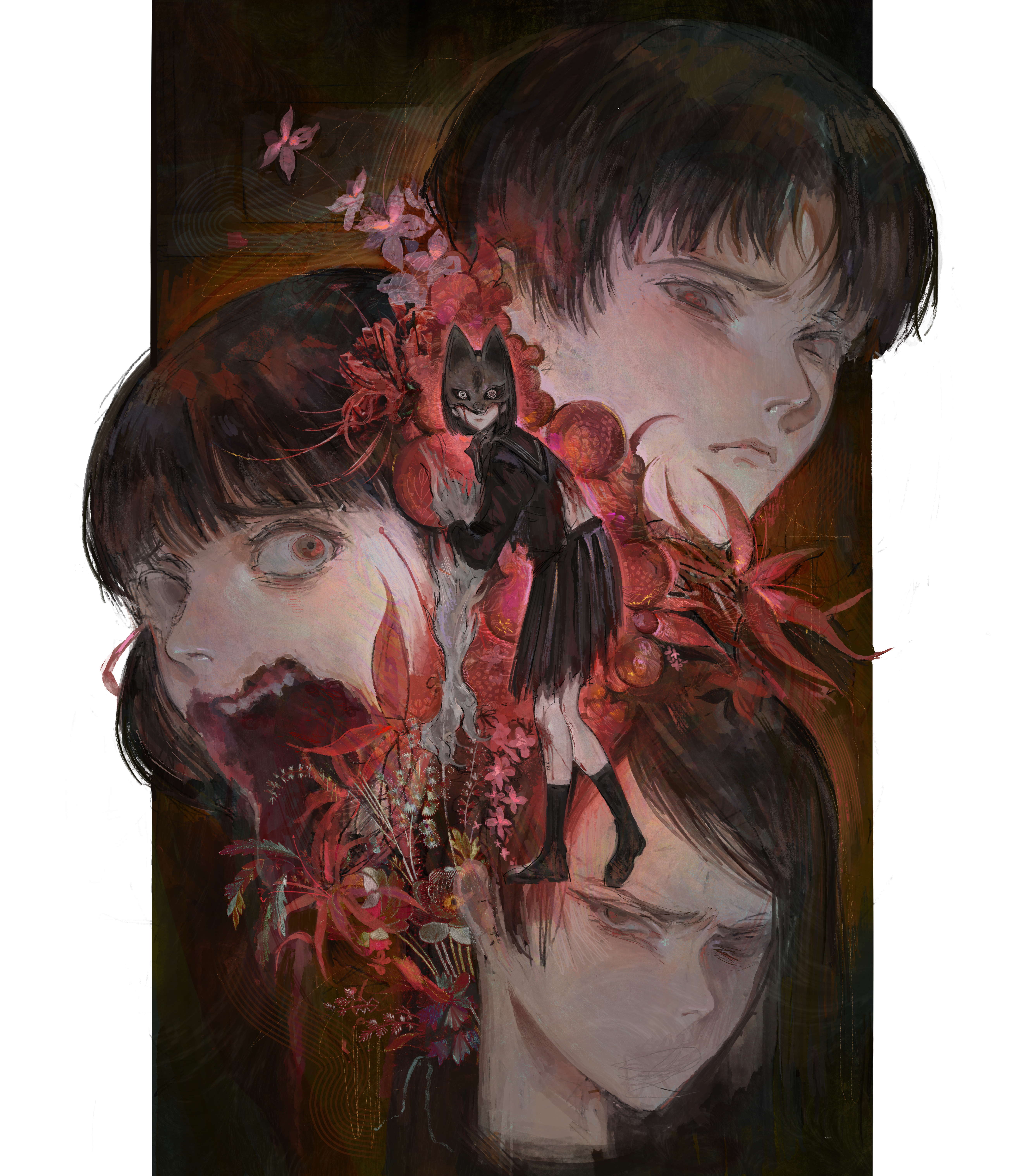 si (sitisi 28), fox hinako, igarashi sakuko, iwai shu, monster arm, nishida rinko, shimizu hinako, silent hill (series), silent hill f, absurdres, commentary, english commentary, highres, 1boy, 3girls, black hair, black sailor collar, black shirt, black shoes, black skirt, black socks, blood, blood on face, blunt bangs, body horror, closed mouth, eye mask, flower, fox mask, frown, hair ribbon, kneehighs, long sleeves, looking at viewer, mask, multiple girls, open mouth, outside border, parted bangs, pillarboxed, red eyes, red flower, red ribbon, ribbon, sailor collar, sakuko-like entity, school uniform, serafuku, shirt, shoes, short hair, short twintails, skirt, socks, standing, teeth, torn clothes, torn shirt, torn skirt, twintails, wide-eyed