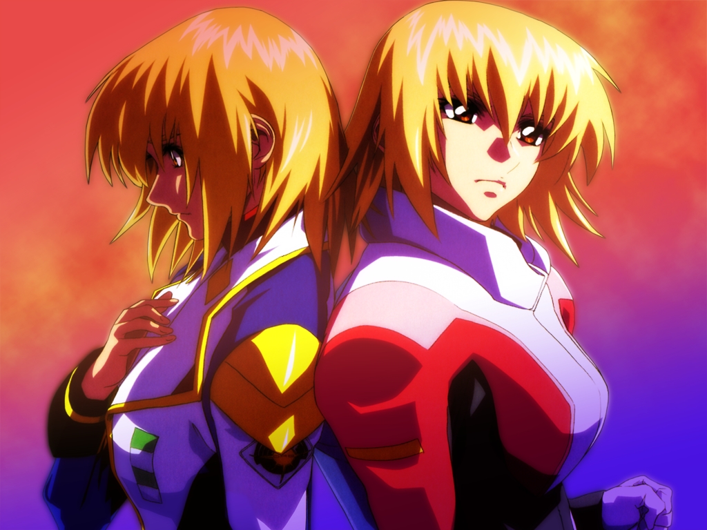 cagalli yula athha, gundam, gundam seed, gundam seed destiny, pilot suit, uniform, official art, 00s, back-to-back, blonde hair, breasts, large breasts, short hair, yellow eyes