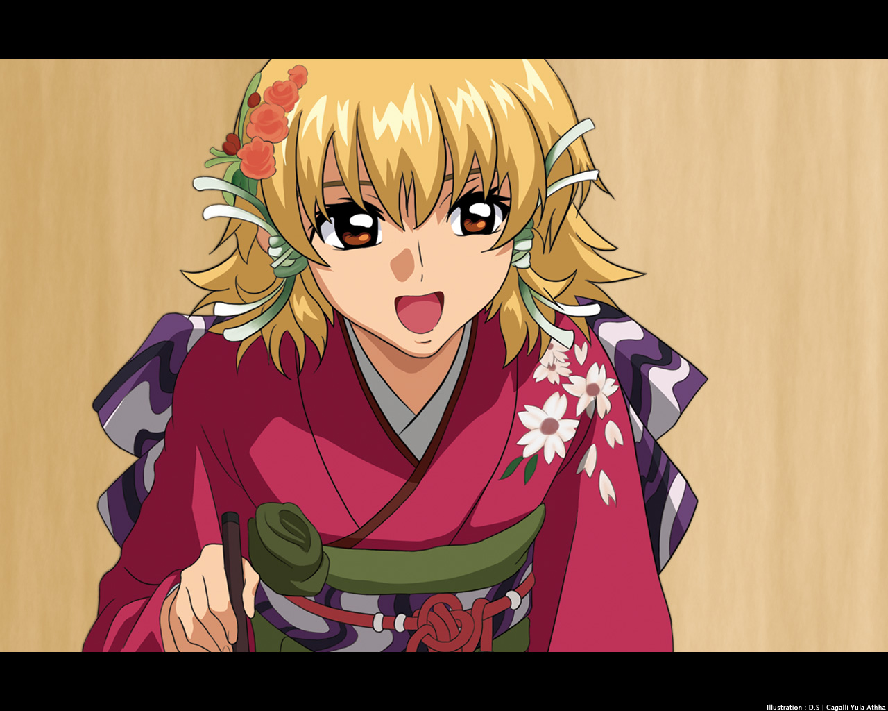 cagalli yula athha, gundam, gundam seed, gundam seed destiny, 00s, blonde hair, breasts, hair ornament, hair ribbon, japanese clothes, large breasts, letterboxed, ribbon, short hair, solo, yellow eyes