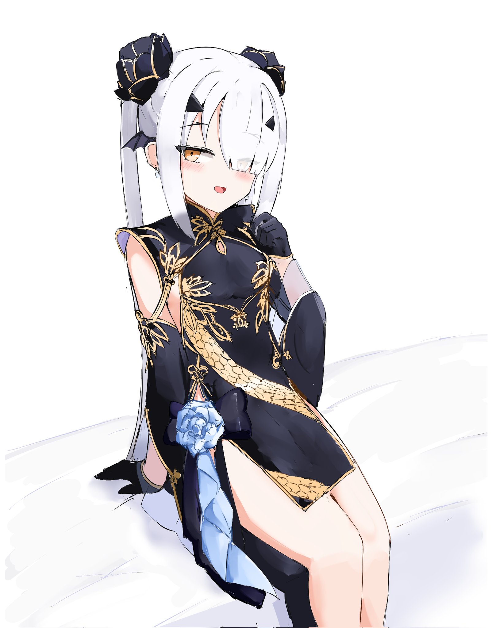 nicho, melusine (fate), fate/grand order, fate (series), highres, 1girl, above-cleavage cutout, alternate costume, alternate hairstyle, arm at side, black bow, black dress, black flower, black gloves, black sleeves, blue flower, blue rose, borrowed design, bow, china dress, chinese clothes, clothing cutout, cowboy shot, detached sleeves, dragon print, dress, eyes visible through hair, flat chest, flower, gloves, hair flower, hair ornament, hair over one eye, hand up, long bangs, long hair, long sleeves, looking at viewer, one eye covered, pankou, pelvic curtain, petite, print dress, rose, short dress, side slit, sidelocks, simple background, sitting, sleeveless, sleeveless dress, solo, twintails, very long hair, waist bow, white background, white hair, wing hair ornament, yellow eyes