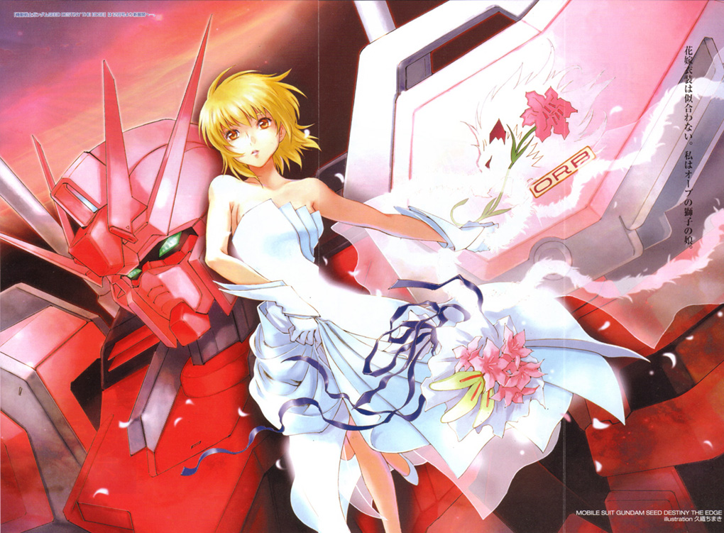 kuori chimaki, cagalli yula athha, strike gundam, strike rouge, gundam, gundam seed, gundam seed destiny, gundam seed destiny the edge, official art, scan, 00s, 1girl, bare shoulders, blonde hair, bouquet, breasts, bride, crease, dress, elbow gloves, female focus, flower, fur trim, gloves, large breasts, leg up, mecha, parted lips, ribbon, robot, see-through clothes, shoes, short hair, solo, strapless, strapless dress, wedding dress, white dress, yellow eyes