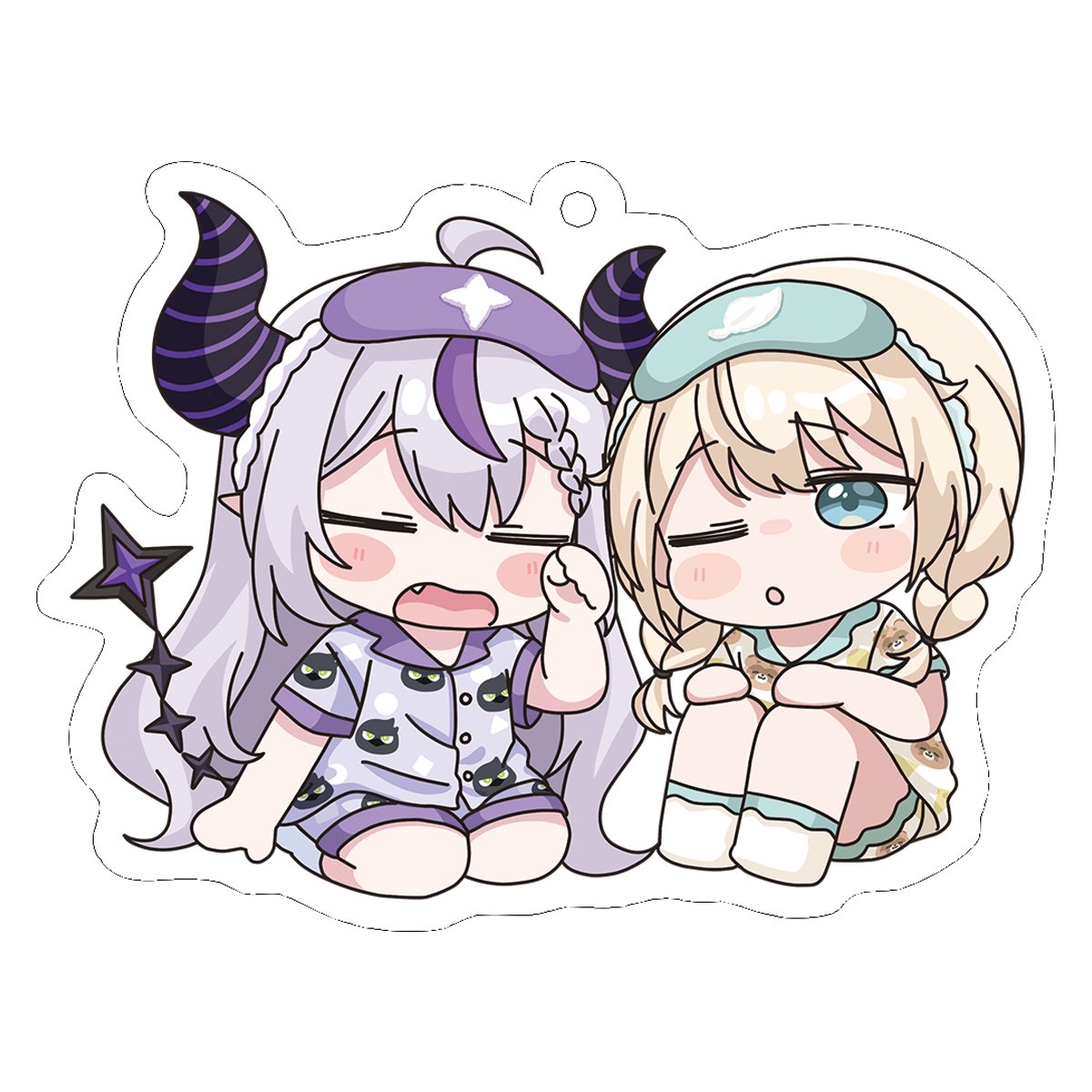 mochimiko, kazama iroha, la+ darknesss, hololive, commentary request, highres, 2girls, ;o, ahoge, blonde hair, blue eyes, braid, braided bangs, brown pajamas, brown shirt, brown shorts, chibi, collared shirt, demon horns, dress shirt, fang, grey hair, hand up, horns, long hair, low twintails, mask, mask on head, multicolored hair, multiple girls, one eye closed, open mouth, pajamas, parted lips, purple hair, purple pajamas, purple shirt, purple shorts, rubbing eyes, seiza, shirt, short sleeves, shorts, simple background, sitting, sleep mask, streaked hair, twin braids, twintails, very long hair, virtual youtuber, wavy mouth, white background