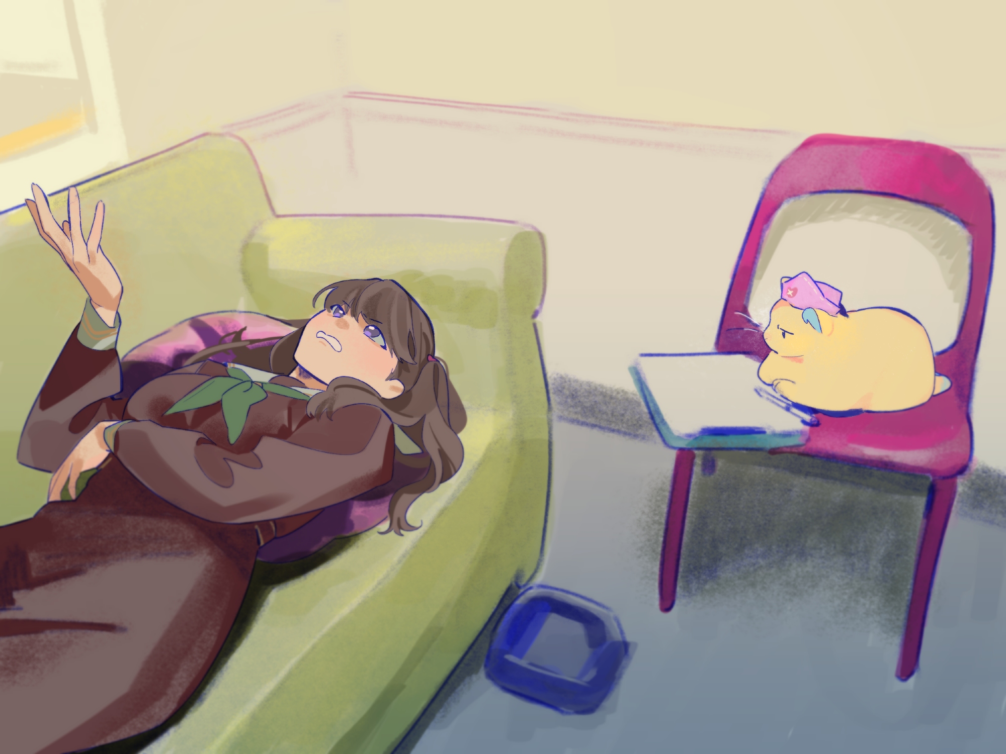 pipi (m1x mix), fujishima megumi, osawa rurino, link! like! love live!, love live!, commentary, highres, symbol-only commentary, 1girl, animalization, breasts, brown dress, brown hair, cat, chair, clenched teeth, clipboard, couch, dress, green neckerchief, hasu no sora school uniform, hat, jitome, large breasts, long hair, long sleeves, looking at another, lying, meme, meme request, mira-cra park!, neckerchief, nurse cap, on back, on chair, on couch, peanut mouth, pen, purple eyes, sailor collar, sailor dress, school uniform, teeth, therapy, virtual youtuber, vital sign (love live!), white sailor collar, winter uniform, yellow cat
