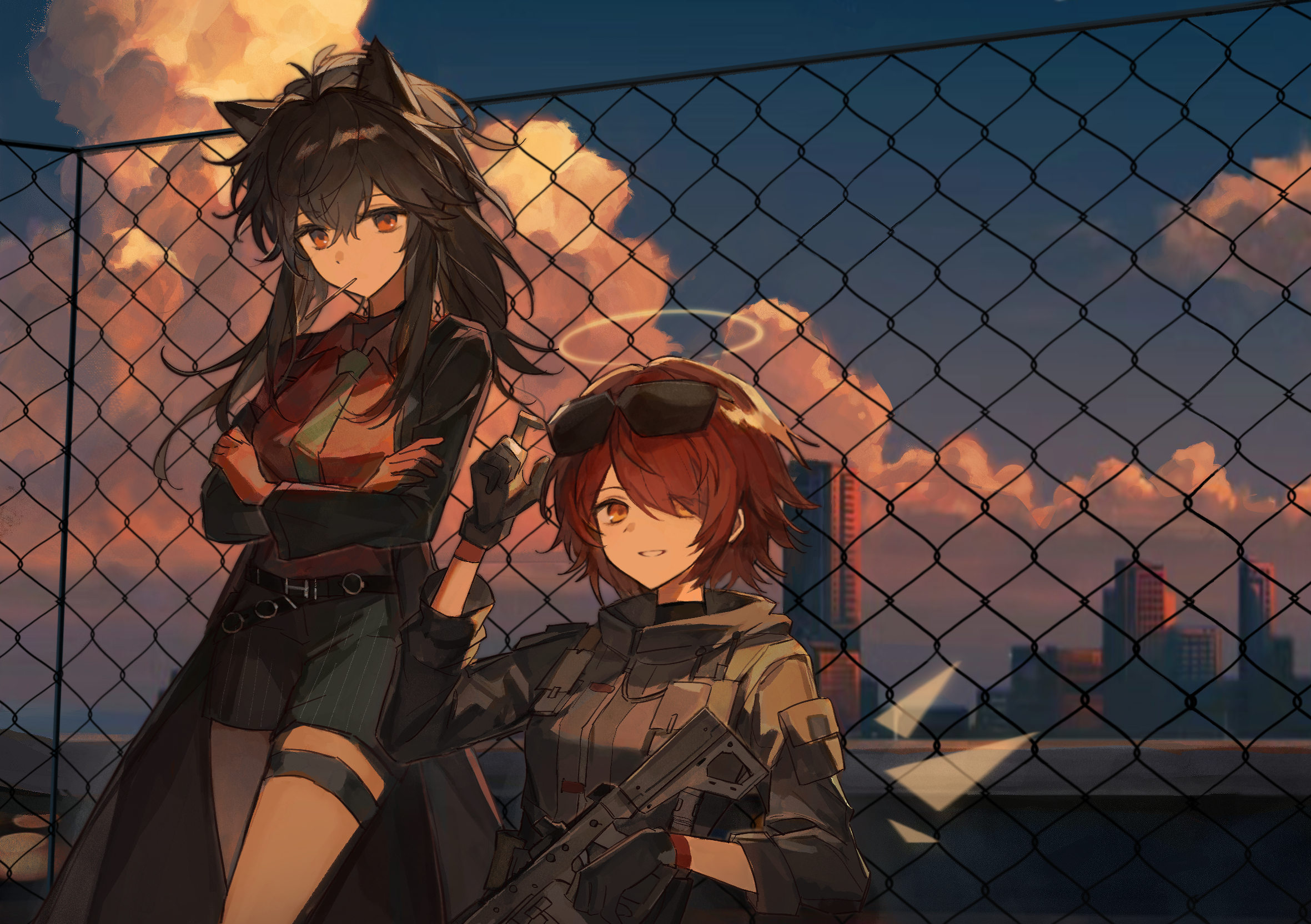 crisa940, exusiai (arknights), texas (arknights), texas (willpower) (arknights), arknights, chinese commentary, commentary request, highres, 2girls, animal ears, black coat, black gloves, black hair, black jacket, black shorts, building, chain-link fence, coat, crossed arms, day, detached wings, evening, eyes visible through hair, eyewear on head, fence, gloves, green necktie, gun, hair between eyes, hair over one eye, halo, holding, holding gun, holding weapon, jacket, kriss vector, long hair, long sleeves, mouth hold, multiple girls, necktie, official alternate costume, open clothes, open coat, orange eyes, orange gloves, orange hair, orange shirt, outdoors, shirt, short hair, shorts, striped clothes, striped shorts, submachine gun, sunglasses, thigh strap, traditional halo, vertical-striped clothes, vertical-striped shorts, weapon, wings, wolf ears, wolf girl, yellow halo