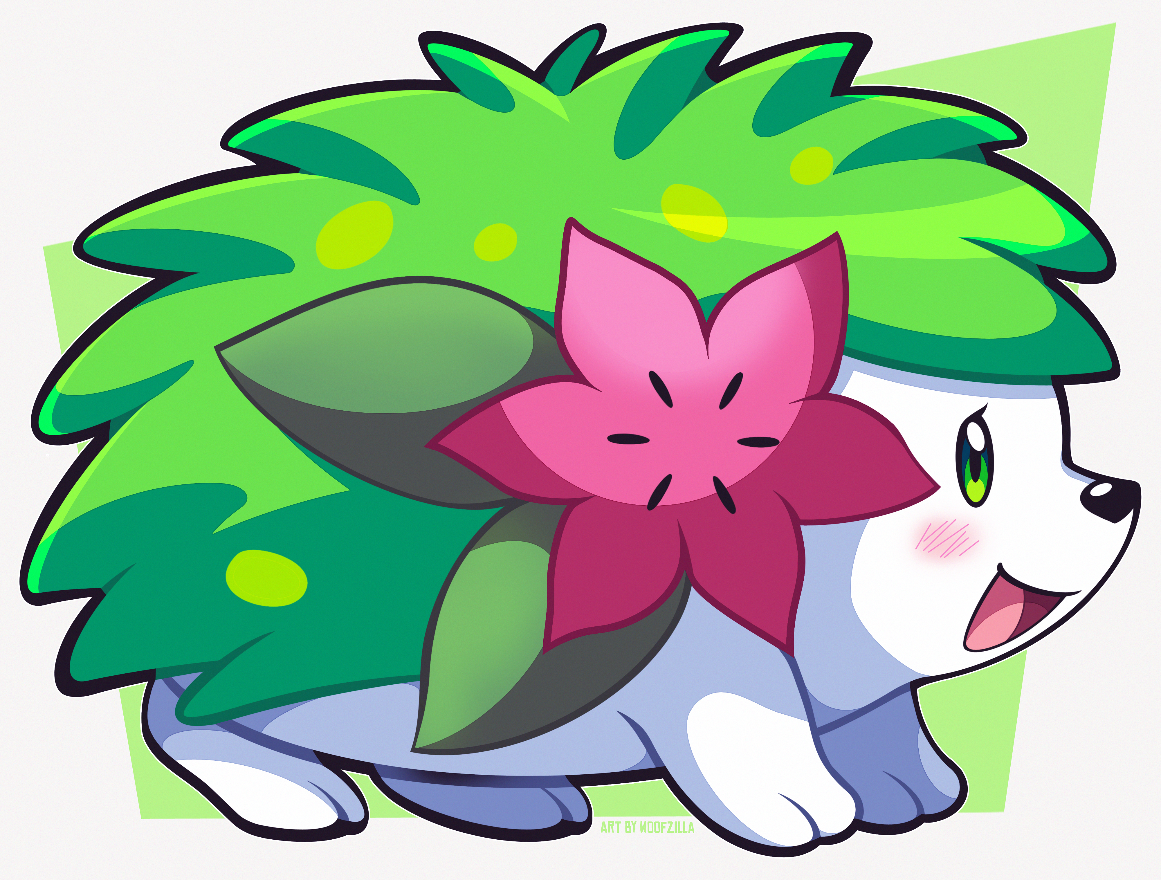 woofzilla, shaymin, shaymin (land), nintendo, pokemon, absurdres, commentary, english commentary, highres, animal focus, blush, flower, from side, full body, gen 4 pokemon, green eyes, legendary pokemon, looking ahead, mythical pokemon, no humans, open mouth, pink flower, pokemon (creature), signature, solo