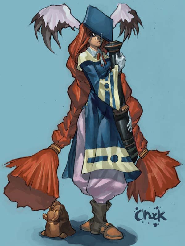 momo (breath of fire), breath of fire, breath of fire iii, capcom, animal ears, boots, braid, brown eyes, cannon, glasses, gloves, hat, long hair, m1 bazooka, orange hair, rabbit ears, red hair, robe, rocket launcher, solo, twintails, weapon