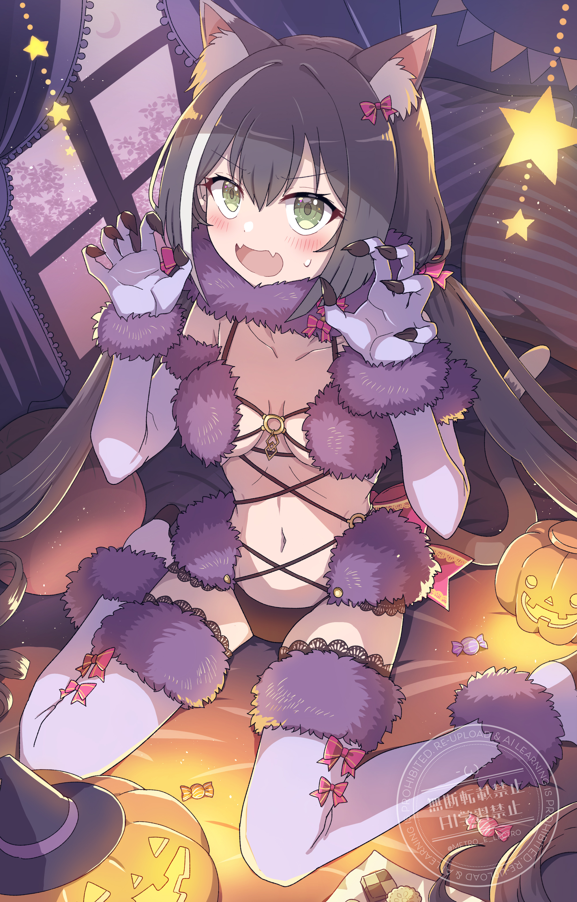 rii (metro electro), karyl (princess connect!), mash kyrielight, mash kyrielight (dangerous beast), fate/grand order, fate (series), princess connect!, absurdres, highres, 1girl, alternate costume, animal ears, black hair, bow, breasts, candy, cat ears, cat girl, cat tail, claw pose, collarbone, cosplay, curtains, fang, food, fur-trimmed thighhighs, fur trim, fur wrist cuffs, green eyes, hair bow, halloween, hat, long hair, low twintails, mash kyrielight (cosplay), mash kyrielight (dangerous beast) (cosplay), multicolored hair, navel, o-ring, o-ring top, open mouth, pumpkin, sitting, skin fang, solo, streaked hair, tail, thighhighs, twintails, wariza, watermark, white streaks, window, wizard hat, wrist cuffs