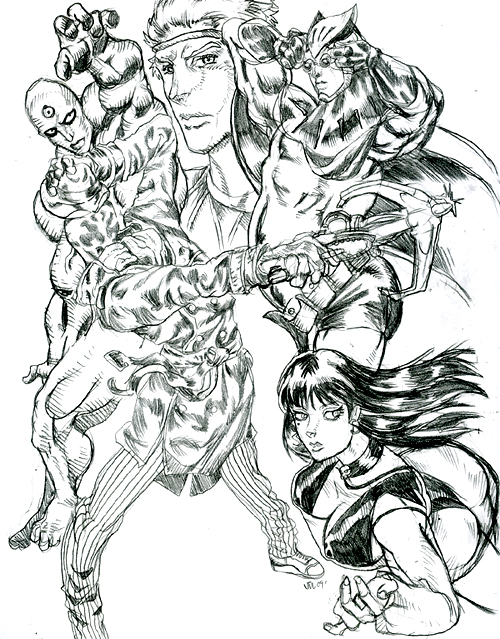 dr. manhattan, nite owl, ozymandias, rorschach, silk spectre, dc comics, jojo no kimyou na bouken, watchmen, 1girl, 4boys, araki hirohiko (style), everyone, greyscale, monochrome, multiple boys, parody, sketch, style parody