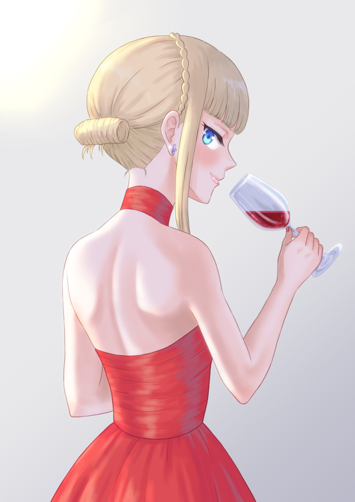 mitsuka (tabit48), reines el-melloi archisorte, fate (series), lord el-melloi ii case files, commentary request, 1girl, alcohol, bare back, bare shoulders, blonde hair, blue eyes, cup, dress, drinking glass, grey background, holding, official alternate costume, red dress, simple background, smile, solo, wine, wine glass