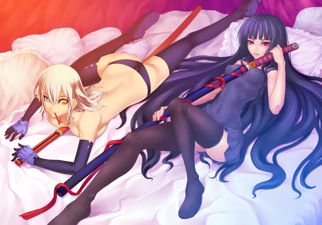 aka (shoumae), original, bad id, bad pixiv id, 2girls, bed, between breasts, blue eyes, boots, breasts, elbow gloves, feet, gloves, heterochromia, large breasts, legs, long hair, lying, multiple girls, orange eyes, panties, red eyes, sheath, sheathed, sword, thigh boots, thighhighs, topless female, underwear, underwear only, weapon