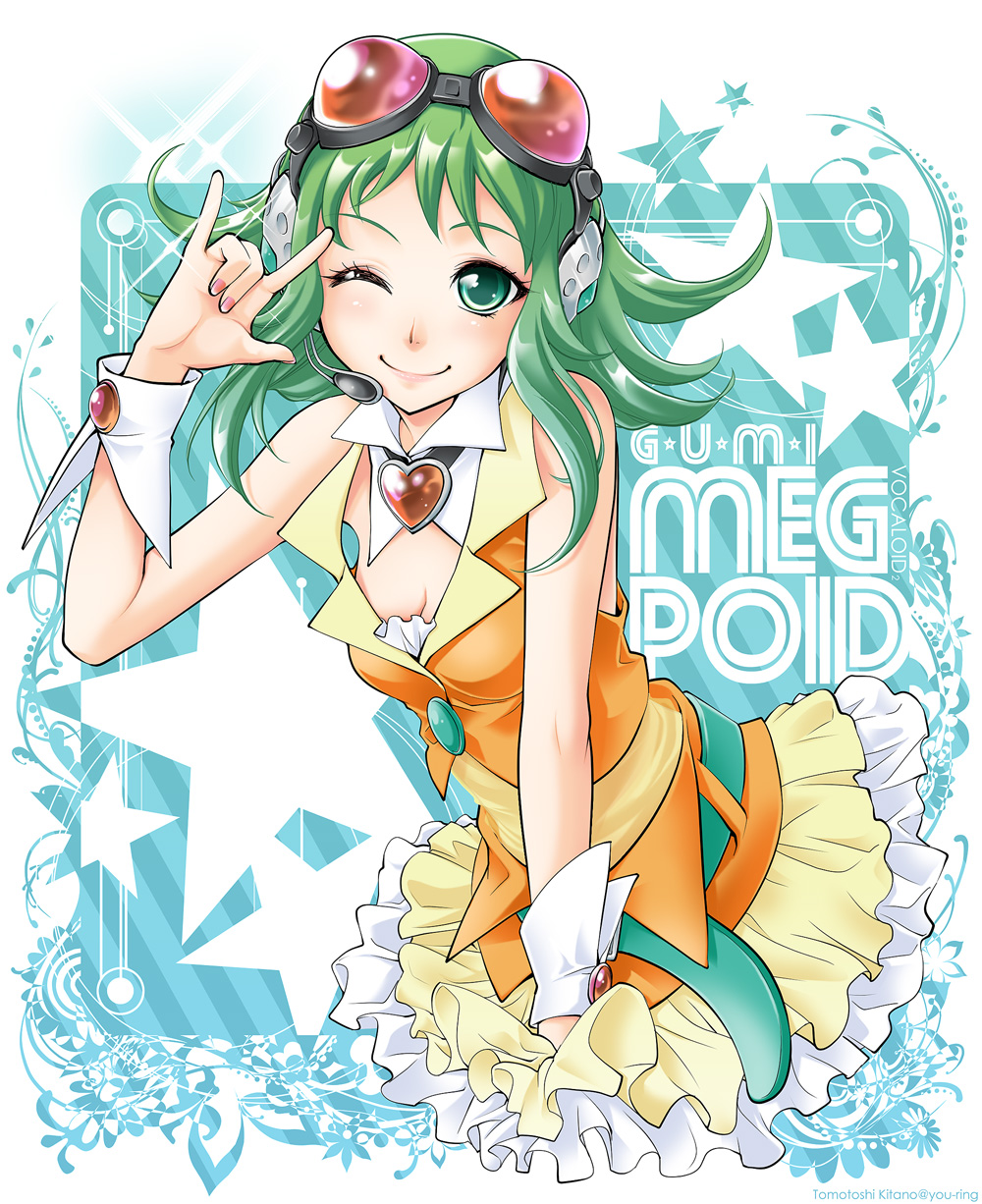 kitano tomotoshi, gumi, nakajima megumi, vocaloid, highres, 1girl, belt, blush, choker, female focus, frills, goggles, green eyes, green hair, headset, heart, lipstick, m/, makeup, matching hair/eyes, nail polish, one eye closed, pink nails, seikan hikou, skirt, smile, solo, spiked hair, star (symbol), voice actor connection, wing collar, wink, wrist cuffs