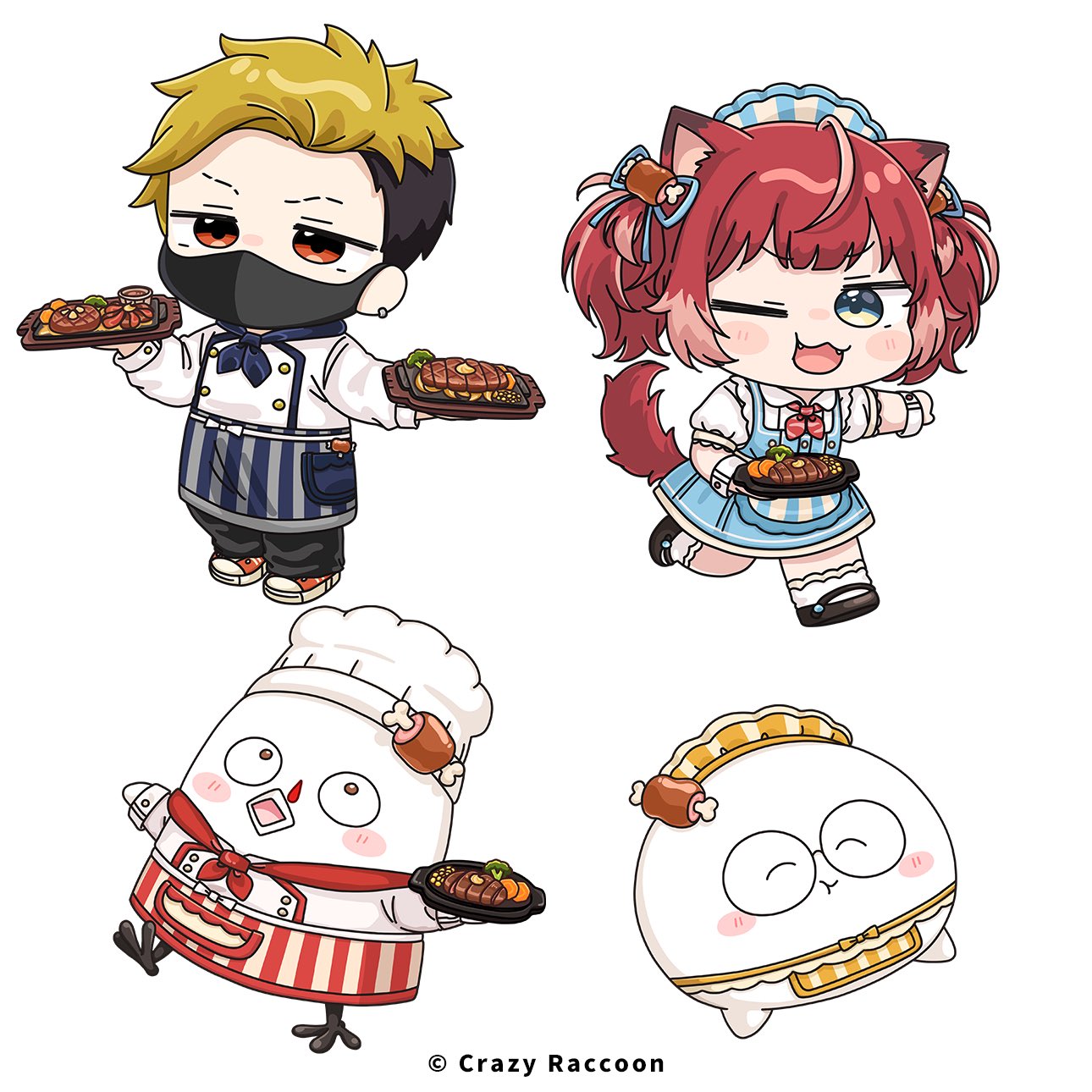 mochimiko, akami karubi, yy (crazy racoon), crazy raccoon, commentary request, highres, official art, 1boy, 1girl, ;d, animal ear fluff, animal ears, apron, black hair, black pants, black shoes, blonde hair, blue dress, blush stickers, boned meat, chef, chibi, collared shirt, dress, ear piercing, fangs, food, holding, mask, meat, mouth mask, multicolored hair, one eye closed, open mouth, pants, piercing, pink hair, puffy short sleeves, puffy sleeves, red hair, red shoes, shirt, shoes, short sleeves, simple background, sleeveless, sleeveless dress, smile, socks, steak, streaked hair, striped apron, striped clothes, tail, twintails, two-tone hair, vertical-striped apron, vertical-striped clothes, virtual youtuber, waist apron, white background, white shirt, white socks, wrist cuffs