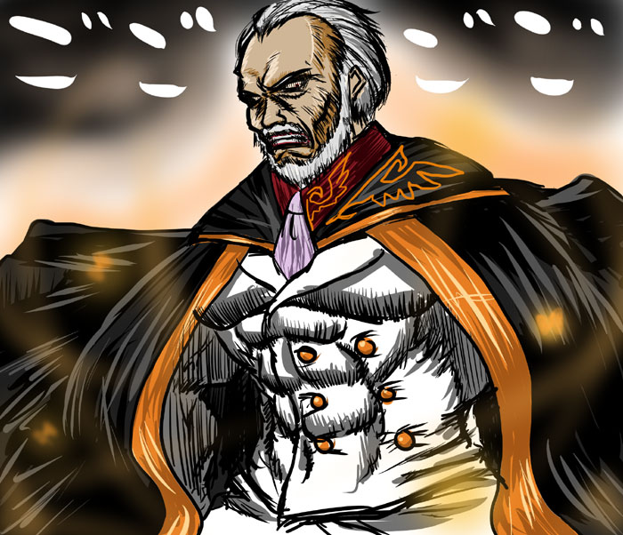 ushiromiya kinzou, umineko no naku koro ni, 00s, 1boy, abs, beard, cape, facial hair, gradient background, grey hair, male focus, muscular, necktie, solo