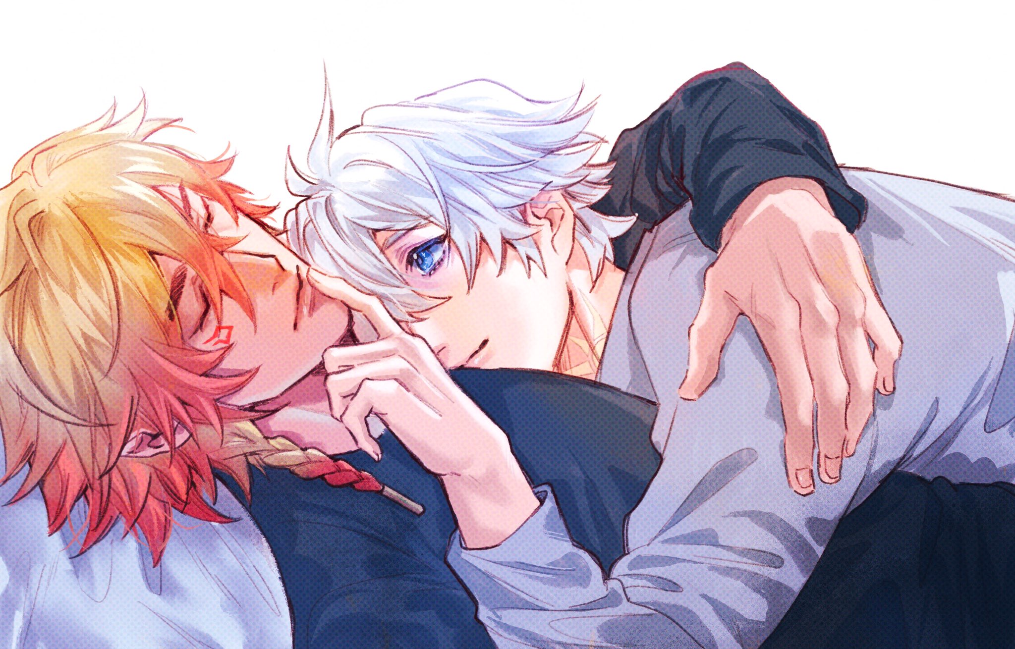 mydei (honkai: star rail), phainon (honkai: star rail), honkai: star rail, honkai (series), commentary, english commentary, highres, 2boys, antenna hair, arm tattoo, black shirt, blonde hair, blue eyes, braid, chest tattoo, closed eyes, facial tattoo, gradient hair, grey shirt, kremmosu, long sleeves, male focus, medium hair, multicolored hair, multiple boys, neck tattoo, parted bangs, red hair, red tattoo, shirt, short hair, side braid, sleeping, sun symbol, sun tattoo, tan, tattoo, white hair, yaoi