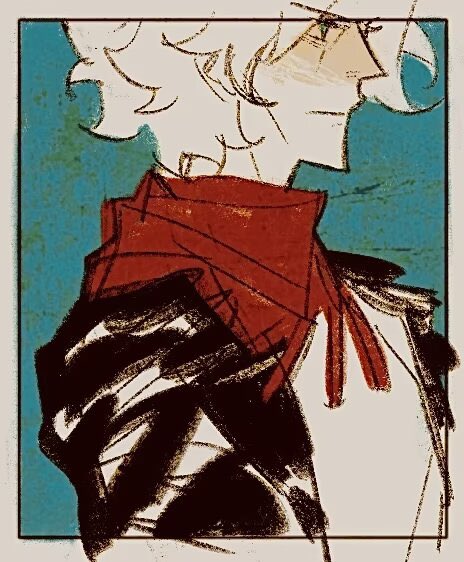 vous allez beaux reve, ludwig van beethoven (classicaloid), classicaloid, 1boy, bandana, black jacket, blue background, border, closed mouth, faux traditional media, from side, green eyes, jacket, male focus, red bandana, shirt, short hair, solo, upper body, white border, white hair, white shirt