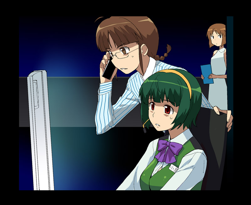 a1 (initial-g), akizuki ritsuko, hagiwara yukiho, otonashi kotori, idolmaster, idolmaster (classic), 00s, braid, brown hair, cellphone, computer, green hair, hairband, headset, phone, short hair