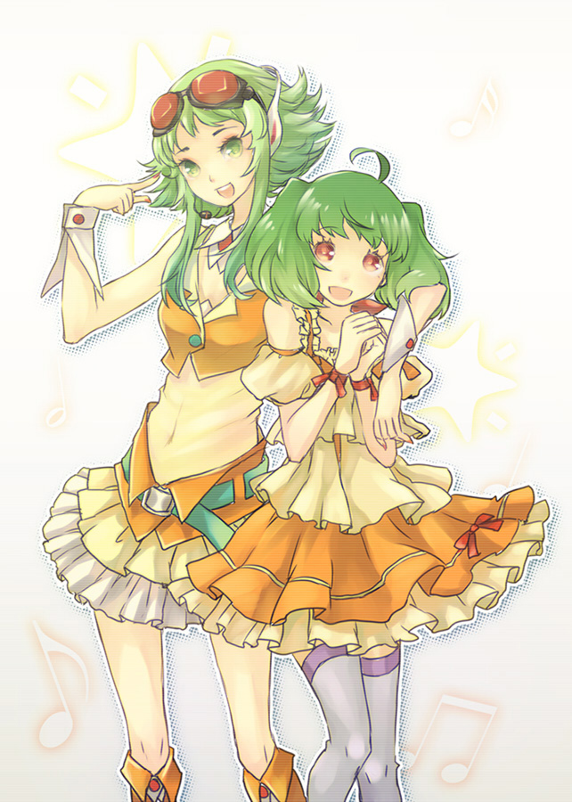 reika (artist), reika (clovia studio), gumi, nakajima megumi, ranka lee, macross, macross frontier, vocaloid, 00s, 2girls, ahoge, crossover, dress, frills, goggles, green eyes, green hair, headset, look-alike, multiple girls, nail polish, orange dress, red eyes, thighhighs, voice actor connection, wing collar, wrist cuffs