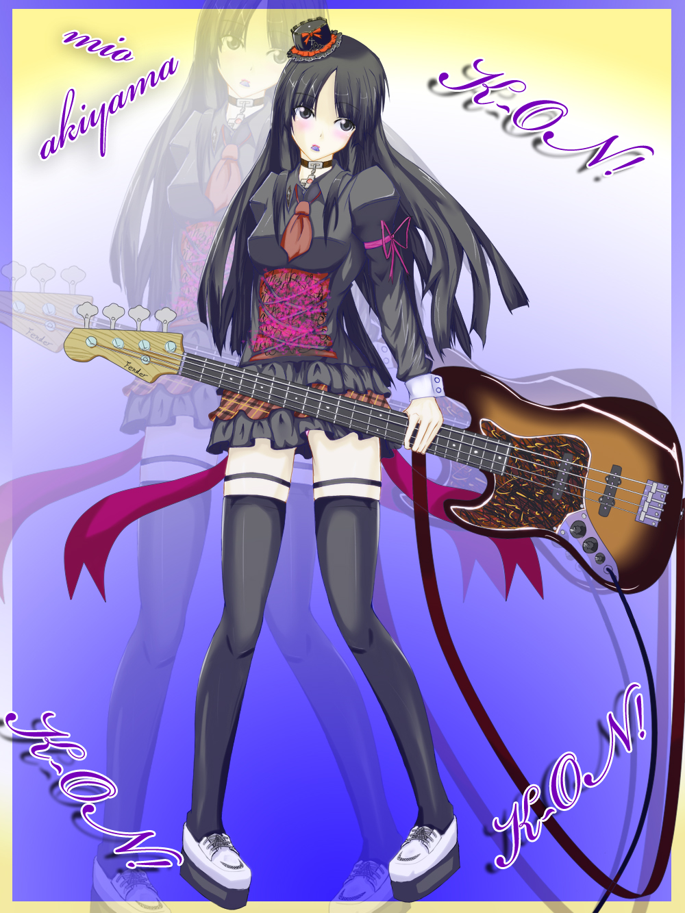 hazuki natena, akiyama mio, k-on!, highres, 00s, 1girl, bass guitar, black eyes, black hair, blunt bangs, blush, choker, cross, female focus, hat, hime cut, instrument, jewelry, legs, lipstick, long hair, makeup, mini hat, mini top hat, necktie, panties, pantyshot, ribbon, shoes, skirt, solo, thighhighs, top hat, underwear, zettai ryouiki, zoom layer