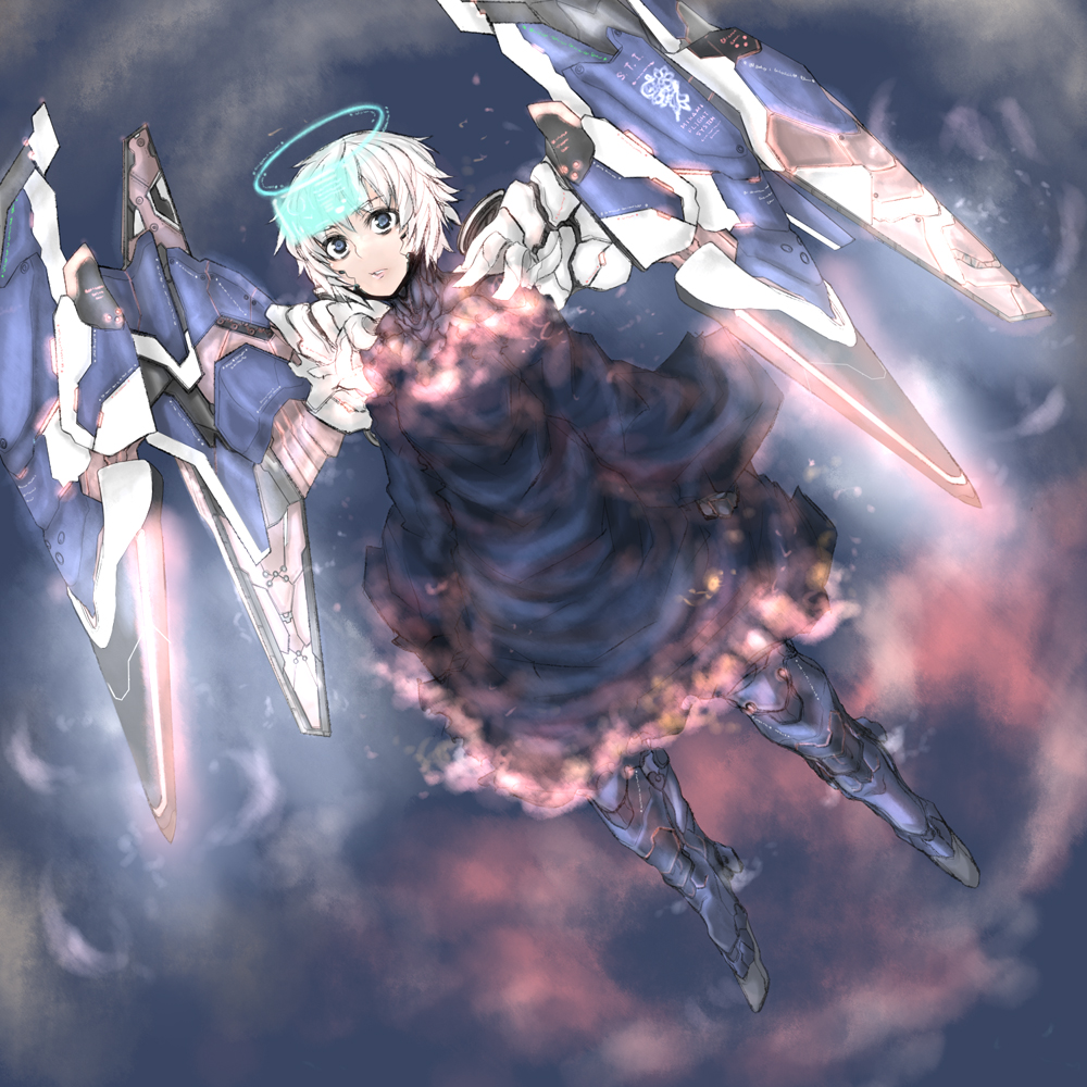 sigama, bad id, bad pixiv id, 1girl, blue eyes, cloak, female focus, halo, mecha, robot, solo, white hair