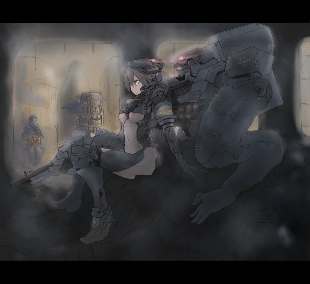 sigama, crying wolf, metal gear (series), metal gear solid, metal gear solid 4: guns of the patriots, bad id, bad pixiv id, 1girl, 2boys, armor, balaclava, breasts, gun, large breasts, legs, letterboxed, magnetic weapon, mecha, mecha musume, multiple boys, railgun, robot, sitting, solo focus, underboob, weapon