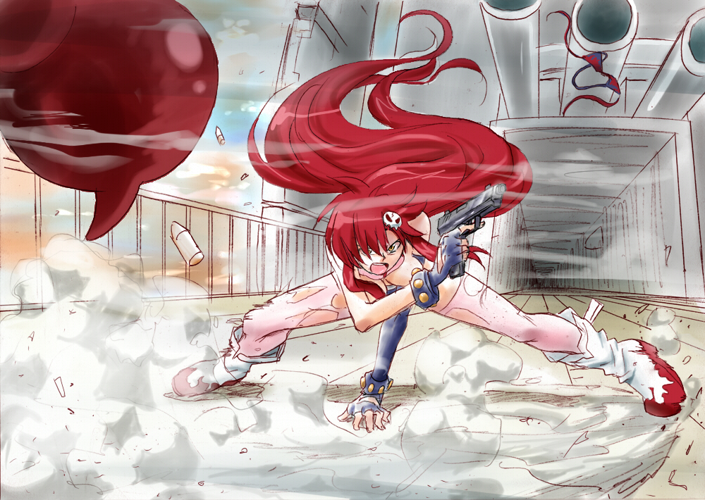 matsumoto, matumoto mouse, adiane, yoko littner, tengen toppa gurren lagann, bad id, bad pixiv id, 00s, 1girl, action, battle, bikini, boots, breasts, bullet, dust, elbow gloves, female focus, fingerless gloves, gloves, gun, hair ornament, large breasts, long hair, open mouth, pink thighhighs, red hair, scarf, scorpion tail, solo, swimsuit, tail, thighhighs, topless female, torn bikini, torn clothes, torn thighhighs, weapon, yellow eyes
