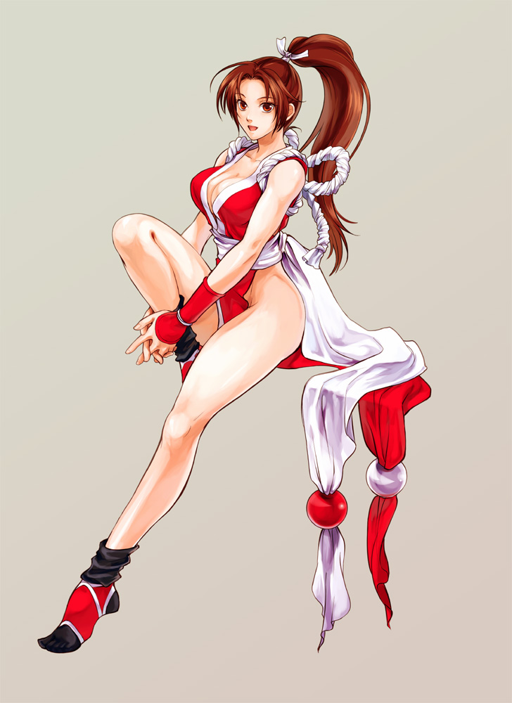 ma0, shiranui mai, fatal fury, snk, the king of fighters, 1girl, breasts, brown hair, cleavage, female focus, japanese clothes, long hair, no panties, pelvic curtain, ponytail, revealing clothes, solo