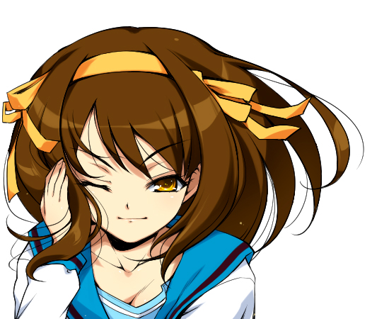 hairu, suzumiya haruhi, suzumiya haruhi no yuuutsu, 00s, 1girl, brown hair, female focus, hairband, one eye closed, school uniform, serafuku, solo, wink, yellow eyes