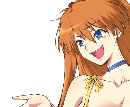 hairu, souryuu asuka langley, neon genesis evangelion, 1girl, bare shoulders, blue eyes, brown hair, choker, dress, female focus, long hair, raised eyebrow, red hair, smile, solo, yellow dress