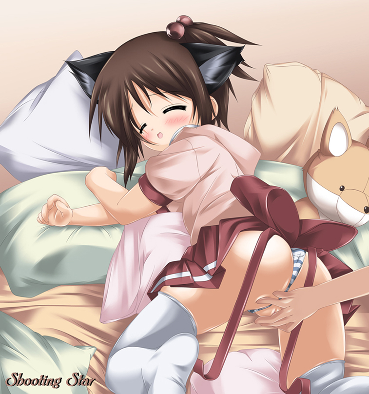 artist request, copyright request, 1girl, animal ears, bed, cat ears, clothes lift, clothing aside, loli, lying, panties, panties aside, pussy, skirt, skirt lift, striped clothes, striped panties, stuffed animal, stuffed toy, thighhighs, underwear