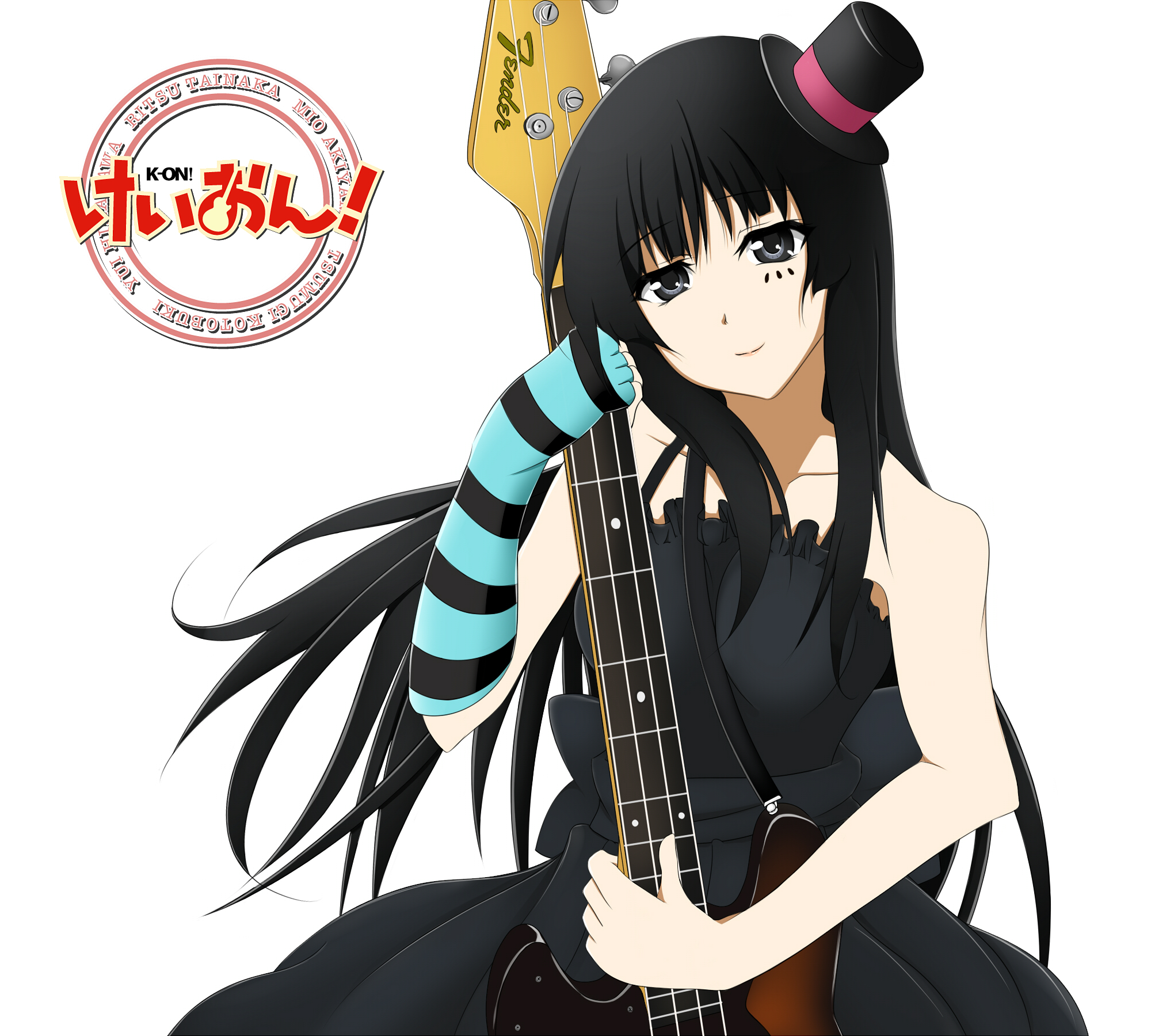 nemu (nebusokugimi), nemu (pixiv572664), akiyama mio, don't say "lazy", k-on!, highres, 00s, 1girl, bass guitar, black eyes, black hair, blunt bangs, dress, female focus, fingerless gloves, gloves, hat, hime cut, instrument, long hair, mini hat, mini top hat, smile, solo, striped clothes, striped gloves, top hat