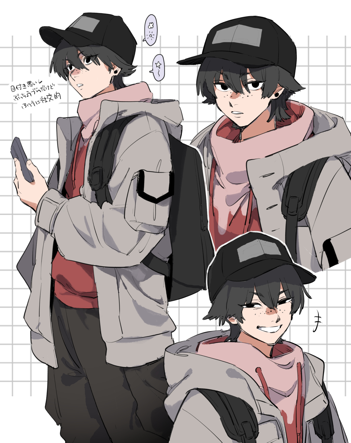 original, commentary request, highres, translation request, 1boy, ano amesuke, backpack, bag, baseball cap, black eyes, black hair, black hat, black pants, cargo pants, coat, earrings, freckles, grey coat, grin, hat, holding, jewelry, male focus, pants, red sweater, smile, spoken star, star (symbol), sweater