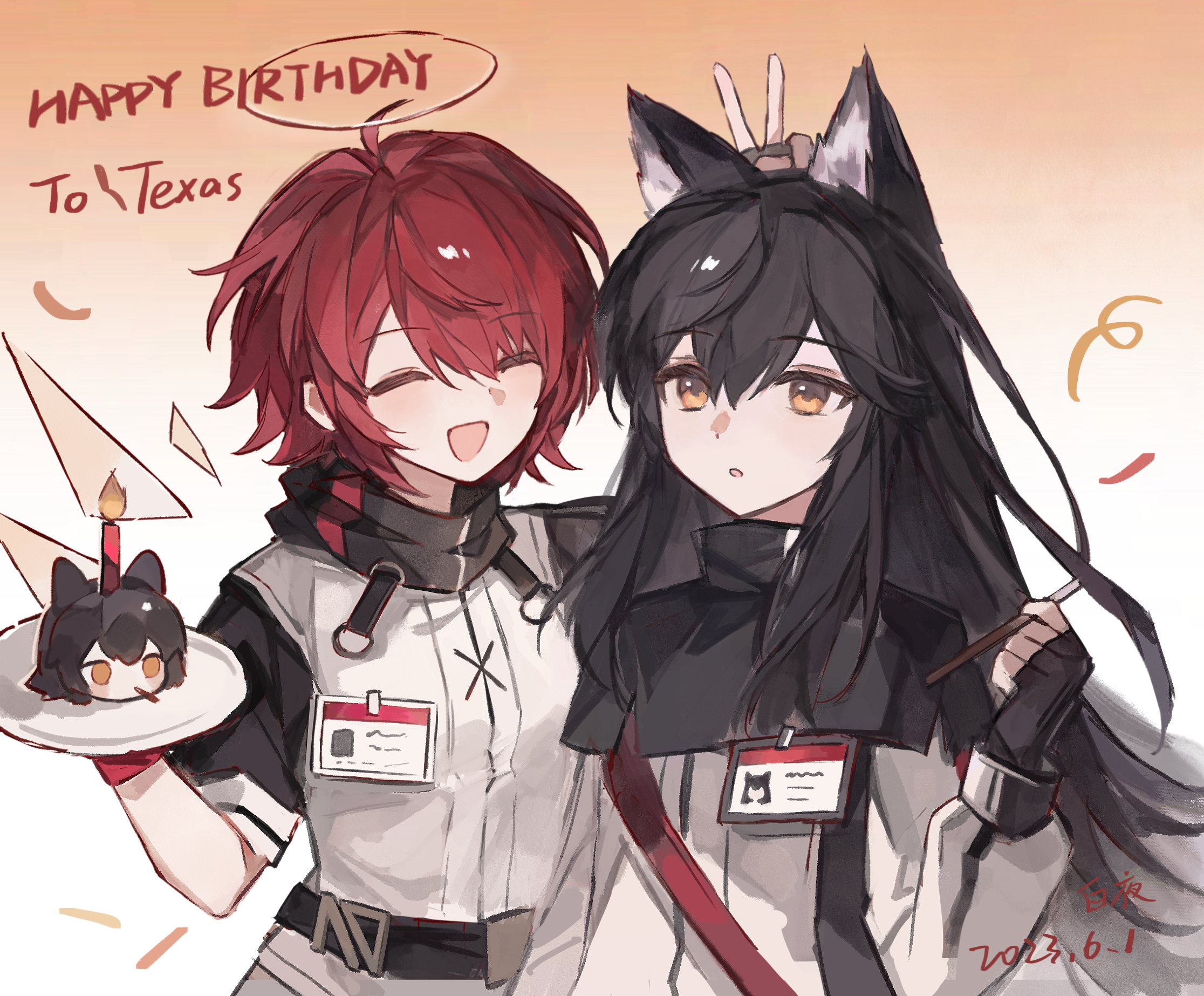 crisa940, exusiai (arknights), texas (arknights), arknights, chinese commentary, commentary request, highres, 2girls, :d, animal ears, black capelet, black sleeves, brown background, candle, capelet, closed eyes, dated, detached wings, food, gradient background, hair between eyes, happy birthday, holding, holding food, holding plate, holding pocky, jacket, long sleeves, looking at another, multiple girls, open mouth, parted lips, plate, pocky, red hair, short hair, short sleeves, smile, v, v over head, white background, white jacket, wings, wolf ears, wolf girl, yellow eyes