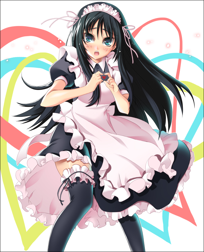 sui, sui (gyujji), akiyama mio, k-on!, bad id, bad pixiv id, 00s, 1girl, alternate costume, apron, black hair, blue eyes, blunt bangs, blush, enmaided, female focus, four-finger heart hands, frilled thighhighs, frills, headdress, heart, heart hands, hime cut, lingerie, long hair, maid, maid apron, maid headdress, moe moe kyun!, petticoat, solo, thighhighs, underwear, zettai ryouiki