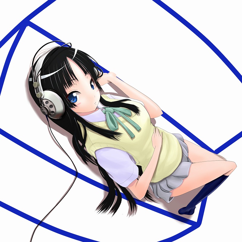 nokiguchi chika, akiyama mio, akg, k-on!, 00s, 1girl, akg k-series headphones, black hair, blue eyes, blunt bangs, dutch angle, female focus, foreshortening, headphones, hime cut, kneehighs, long hair, looking at viewer, ribbon, school uniform, skirt, socks, solo, sweater vest