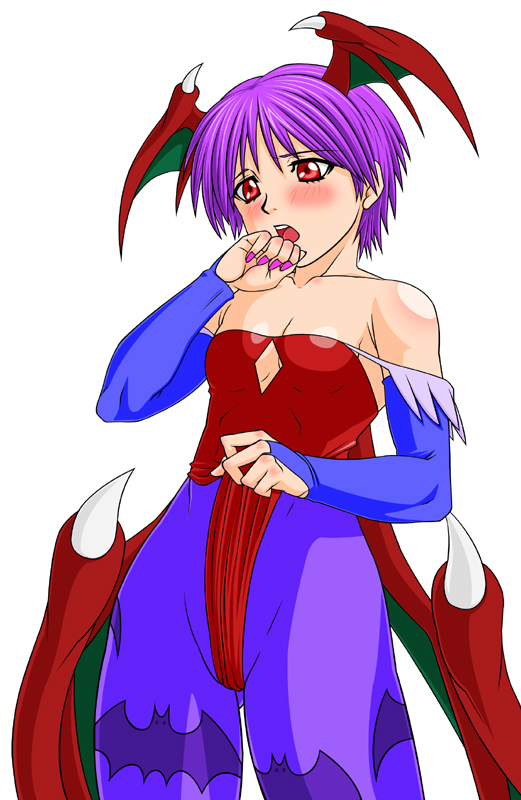 makani kohitujito, lilith (darkstalkers), capcom, darkstalkers, bad id, bad pixiv id, 1girl, animal print, bare shoulders, bat print, bat wings, blush, demon girl, detached sleeves, elbow gloves, embarrassed, female focus, fingernails, flat chest, gloves, head wings, leotard, nail (hardware), nail polish, open mouth, pantyhose, pink nails, print pantyhose, purple eyes, red eyes, red leotard, short hair, solo, wings