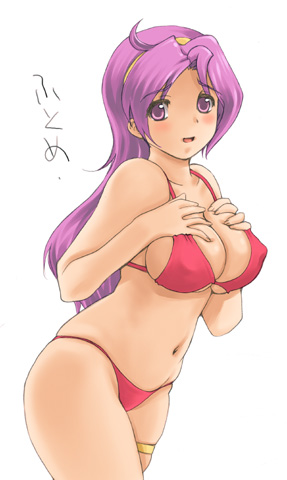 ishida masayuki, princess athena, athena (series), lowres, 1girl, bikini, breasts, curvy, female focus, hairband, large breasts, long hair, purple eyes, purple hair, red bikini, solo, swimsuit