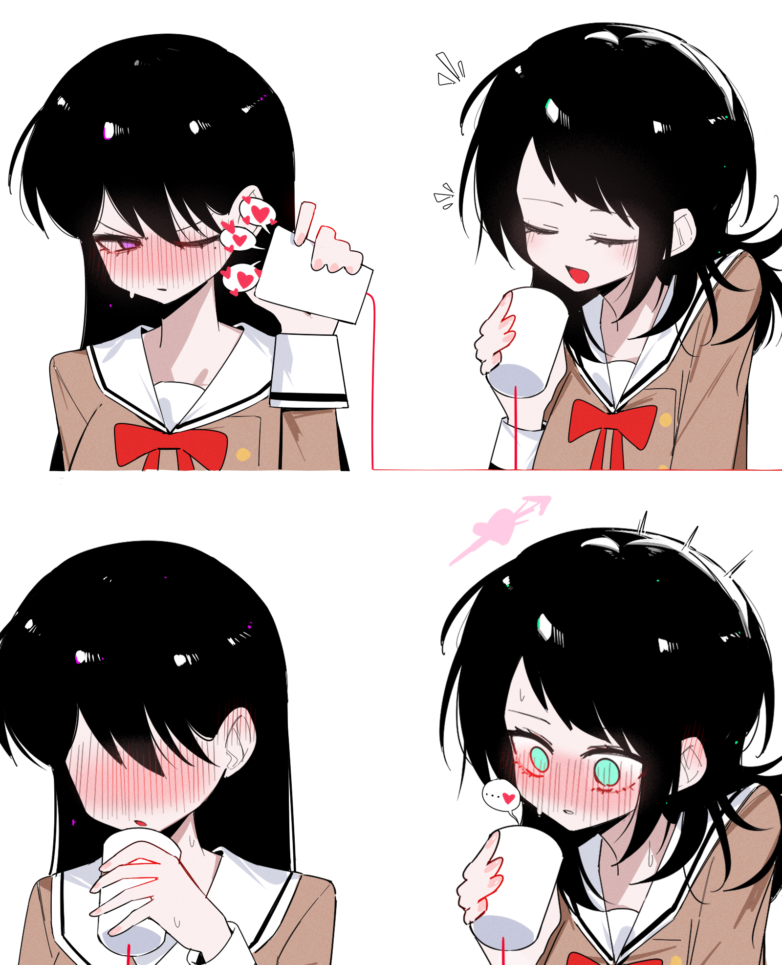 zikiki1092, shiina taki, yahata umiri, bang dream!, bang dream! it's mygo!!!!!, commentary request, highres, 2girls, aqua eyes, arrow through heart, black hair, blush, bow, bowtie, brown dress, closed eyes, dress, full-face blush, hanasakigawa school uniform, heart, long hair, mole, mole under eye, multiple girls, one eye closed, open mouth, parted lips, purple eyes, red bow, red bowtie, sailor collar, sailor dress, school uniform, simple background, smile, spoken heart, white background, white sailor collar, yuri