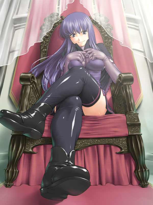 jon shicchiou, malariya, quiz magic academy, 1girl, blue hair, boots, crossed legs, female focus, from below, gloves, latex, latex gloves, legs, long hair, looking down, sitting, solo, thighhighs, throne