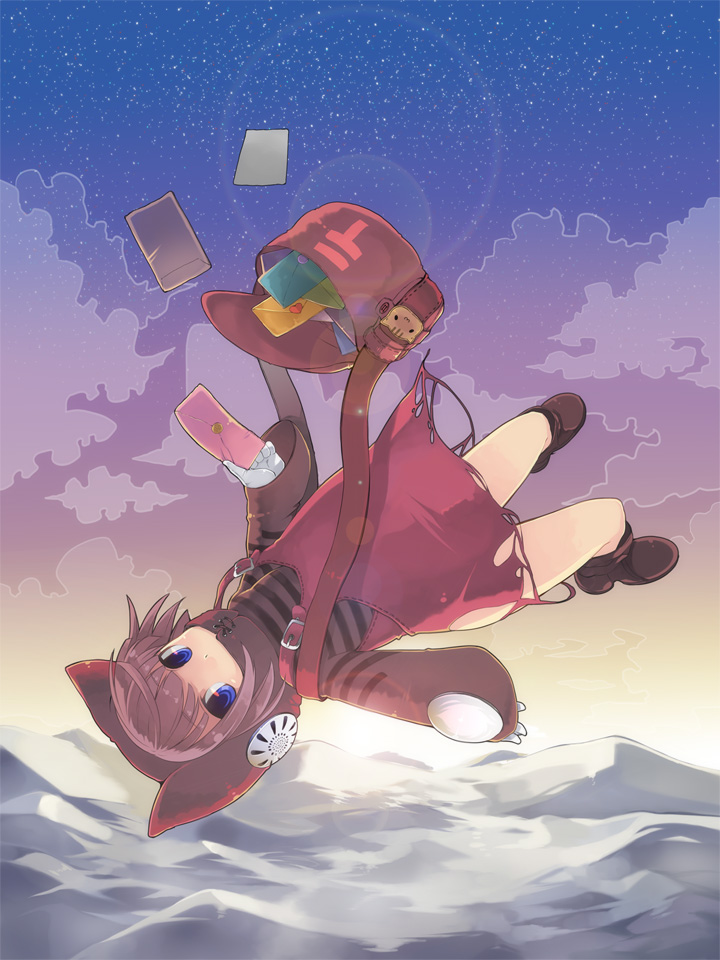 hase neet, bad id, bad pixiv id, animal hood, bag, blue eyes, brown hair, cat hood, hood, letter, mail, satchel, solo, torn clothes