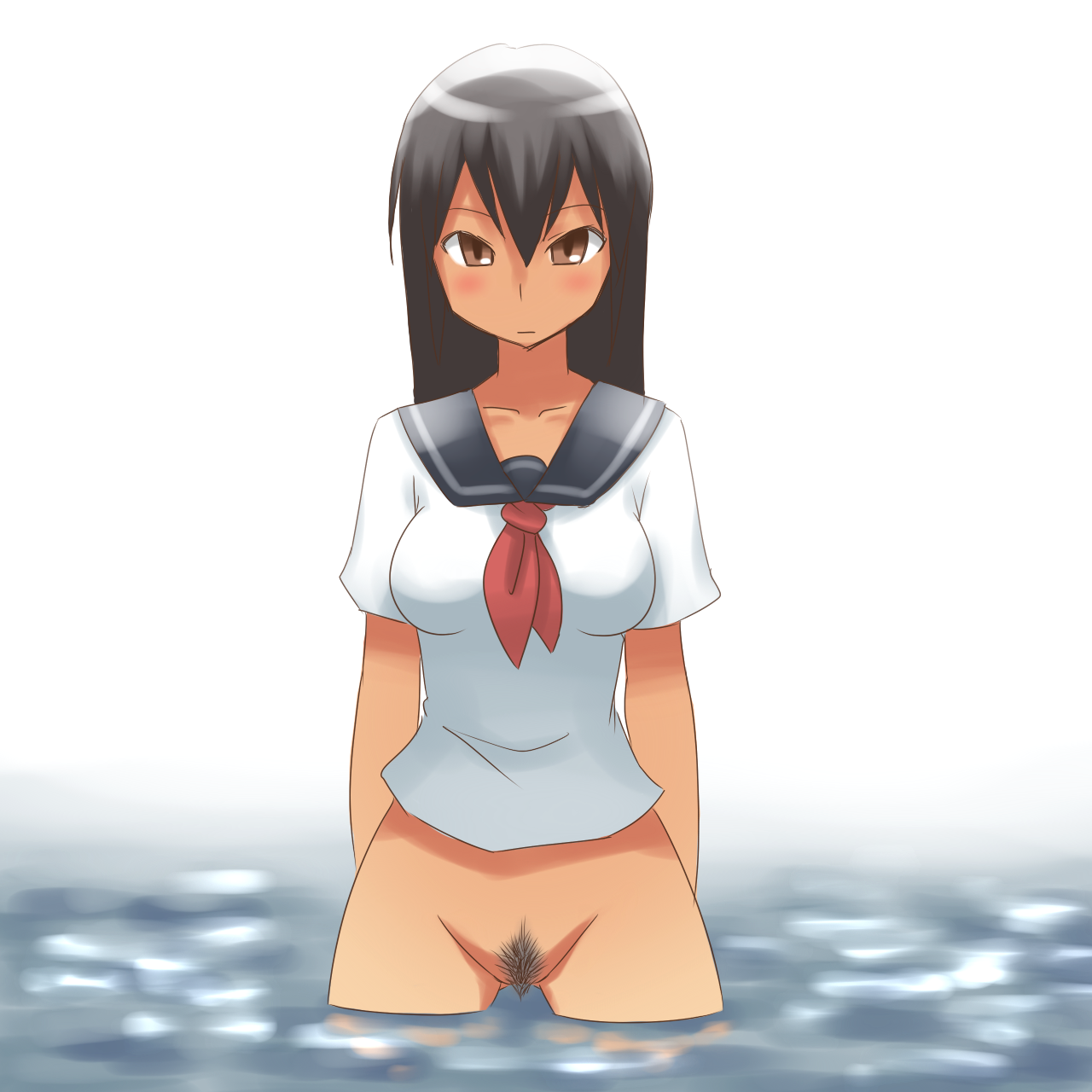 aaaa (quad-a), original, bad id, bad pixiv id, highres, 1girl, arms at sides, black hair, bottomless, brown eyes, female focus, female pubic hair, hair between eyes, neckerchief, no panties, pubic hair, red neckerchief, school uniform, serafuku, solo, standing, submerged, uncensored, wading, water